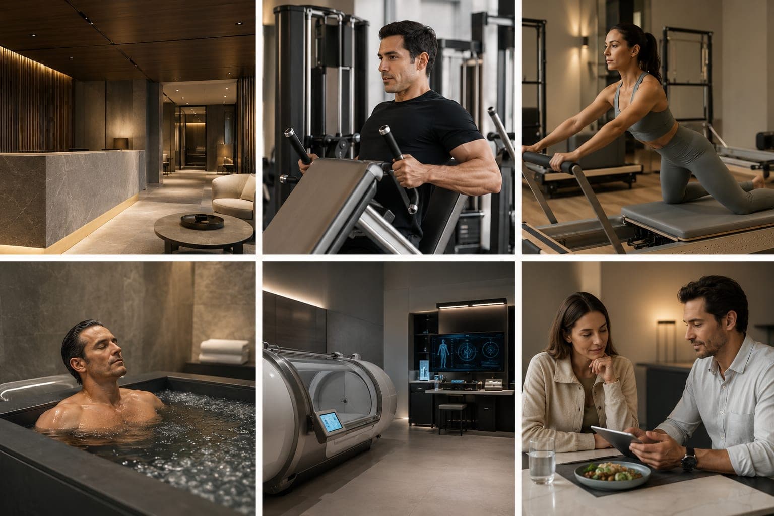 Collage de la experiencia FITNATIONS: sauna, cardio, nutrición, spa, tecnología y acompañamiento