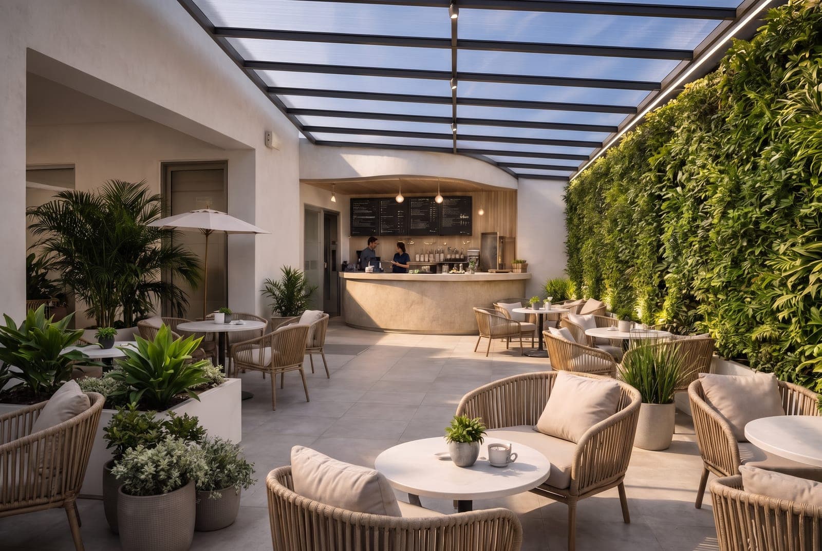 Cafetería con muro verde de plantas naturales